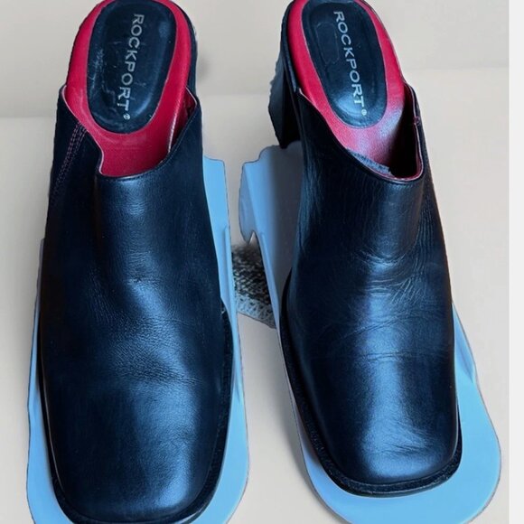 (8.5) ROCKPORT Leather Square Toe 3” Block Heel Mules - Picture 1 of 11